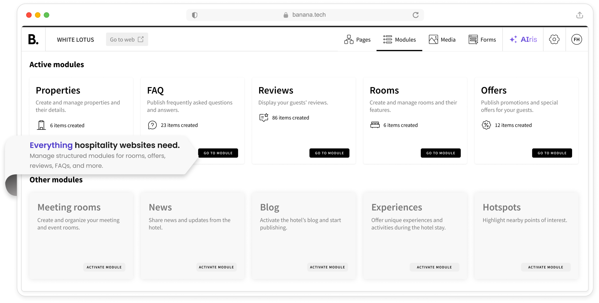 A screenshot shows a website dashboard with sections for properties, FAQ, reviews, rooms, and offers.
