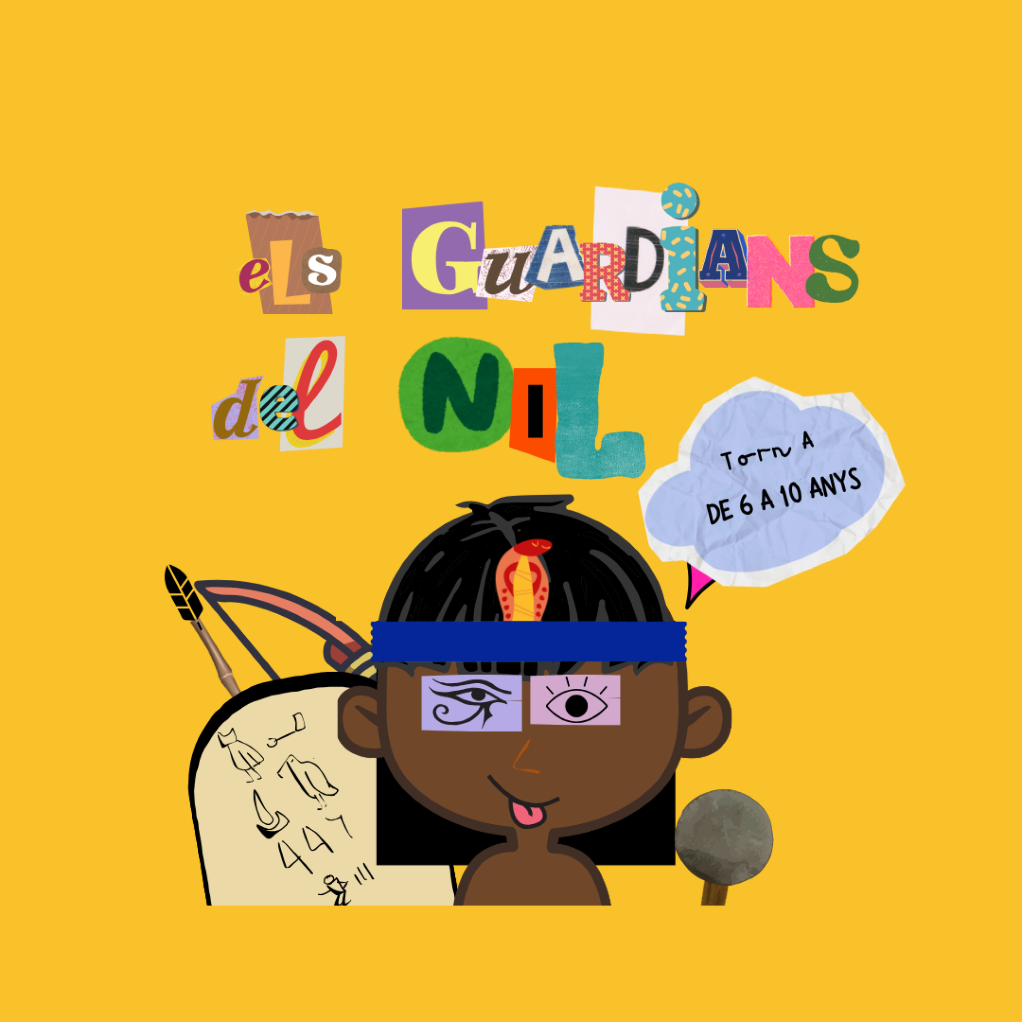 Cartel promocional para los casales de verano del Museo Egipcio de Barcelona para niños de primero de primaria a cuarto de primaria.