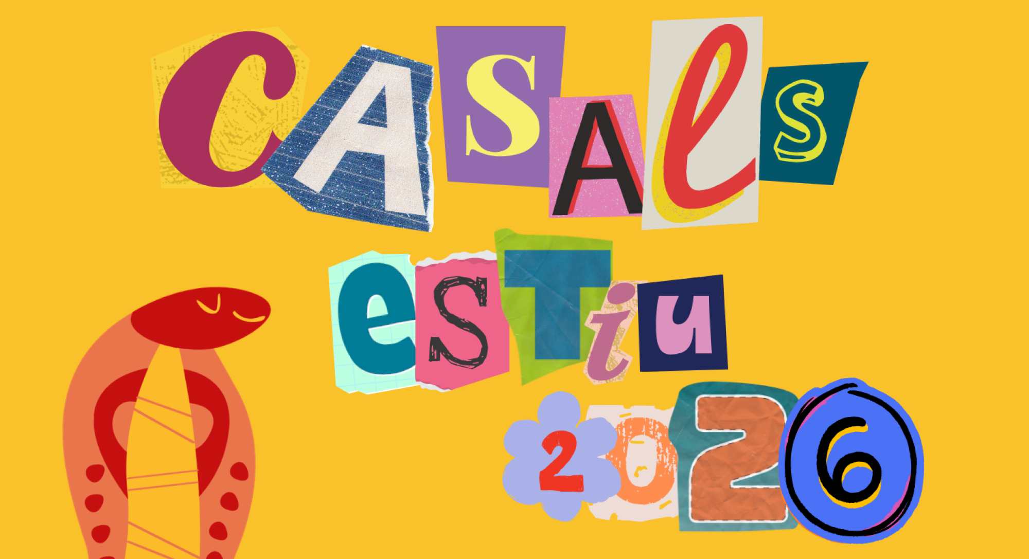 Una imatge amb colors vius que sembla ser una capçalera per a un material promocional de casals d'estiu, amb elements visuals que evoquen l'estiu i la diversió.