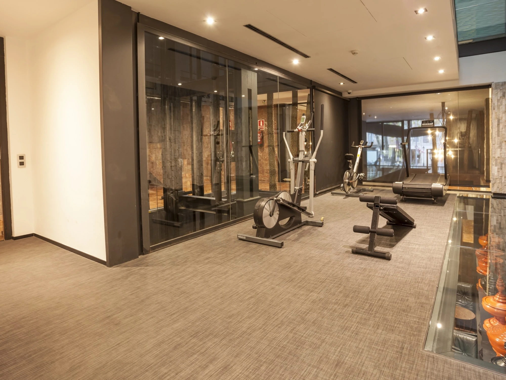 Se ve una sala fitness moderna con máquinas de ejercicio y suelo de moqueta.