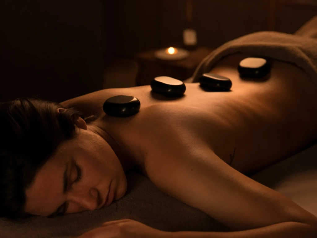Se ve una camilla de masaje con piedras calientes y luz tenue en una zona de spa.