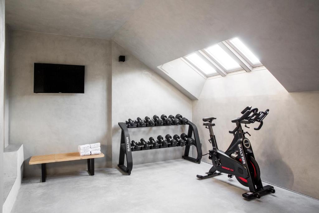 Gimnasio con pesas, bicicleta estática y tragaluz