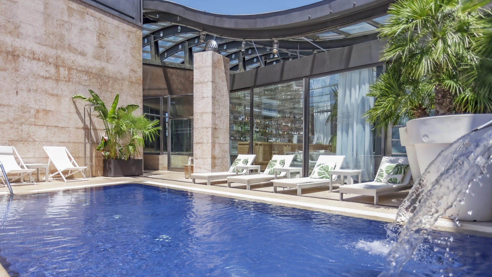 Se ve una piscina al aire libre con tumbonas alrededor y una zona techada con plantas decorativas.