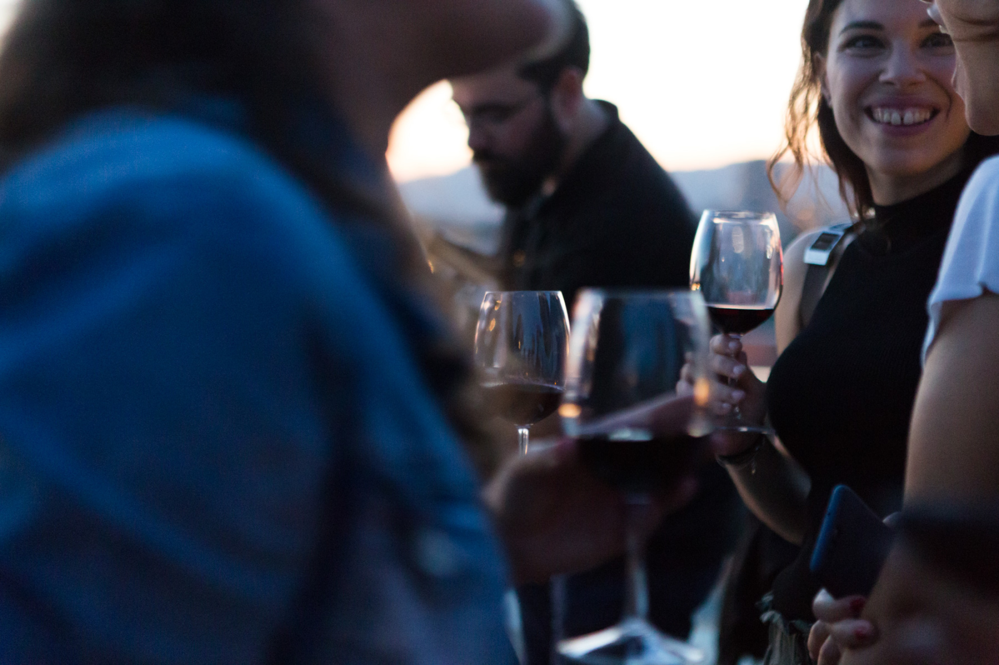 Varias personas brindan con copas de vino en un ambiente de cena.