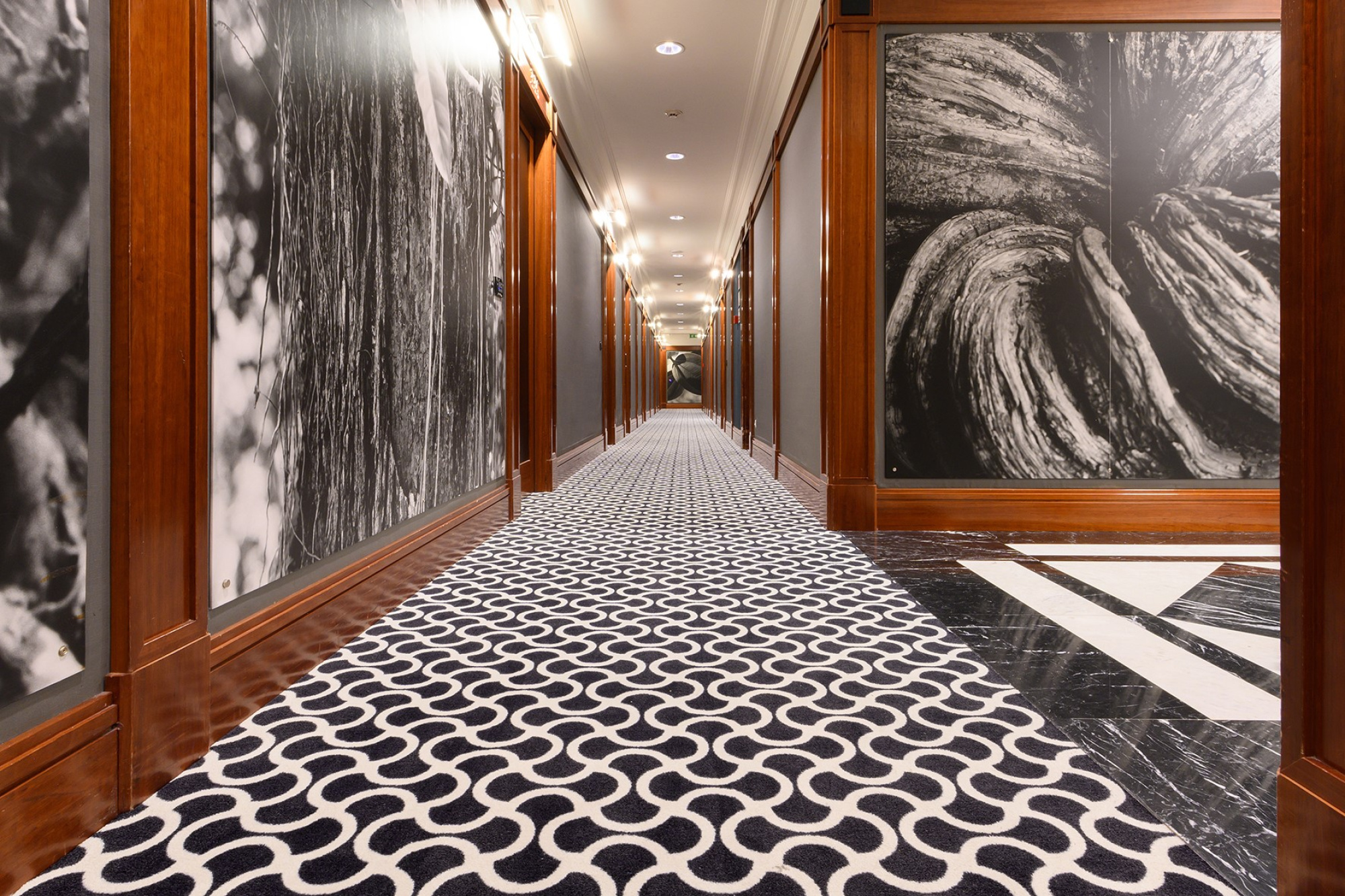 El pasillo muestra una alfombra con patrón y paredes con paneles decorativos en blanco y negro.