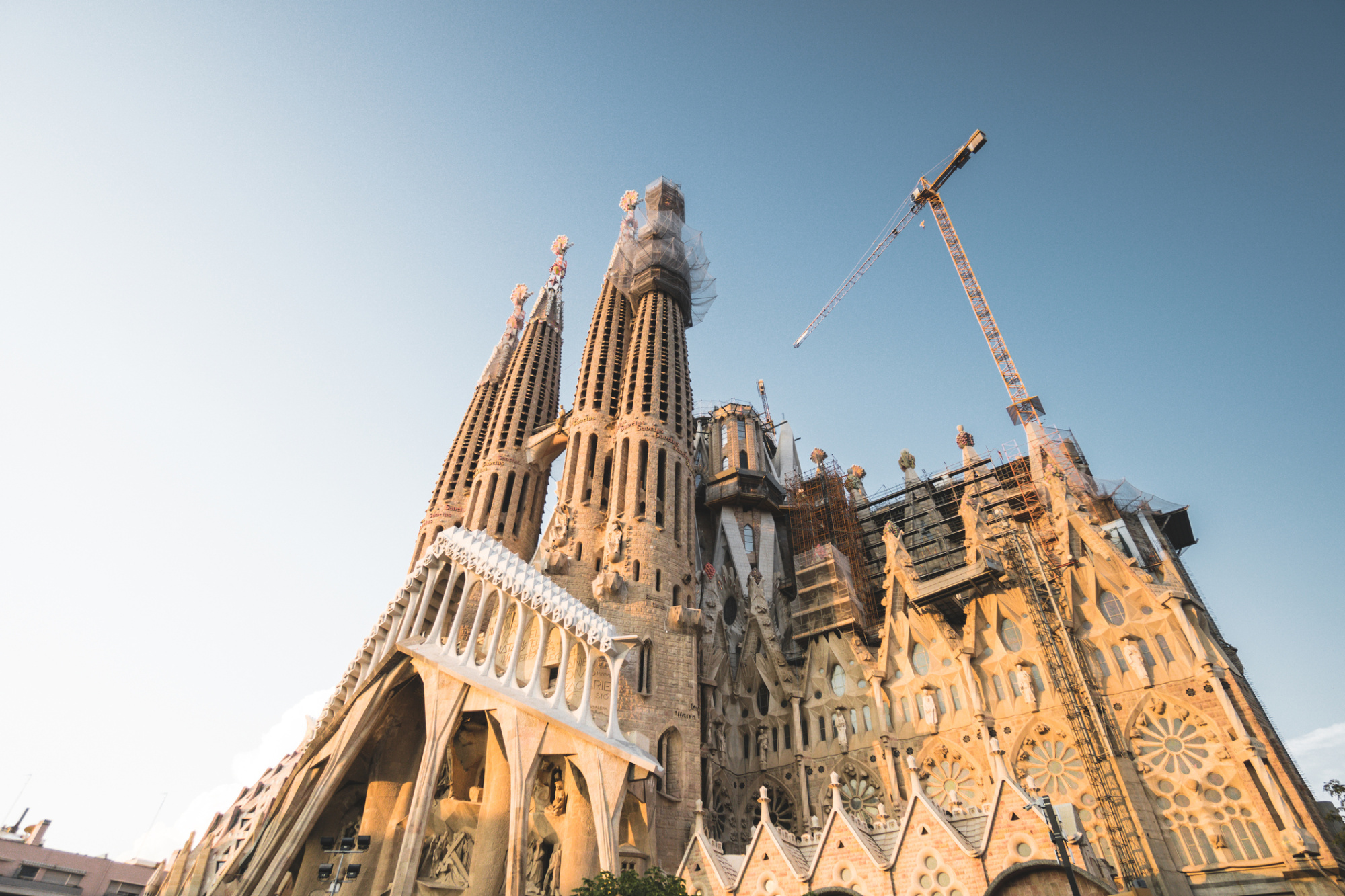 La basílica de la Sagrada Familia se ve con andamios y grúas contra el cielo azul.