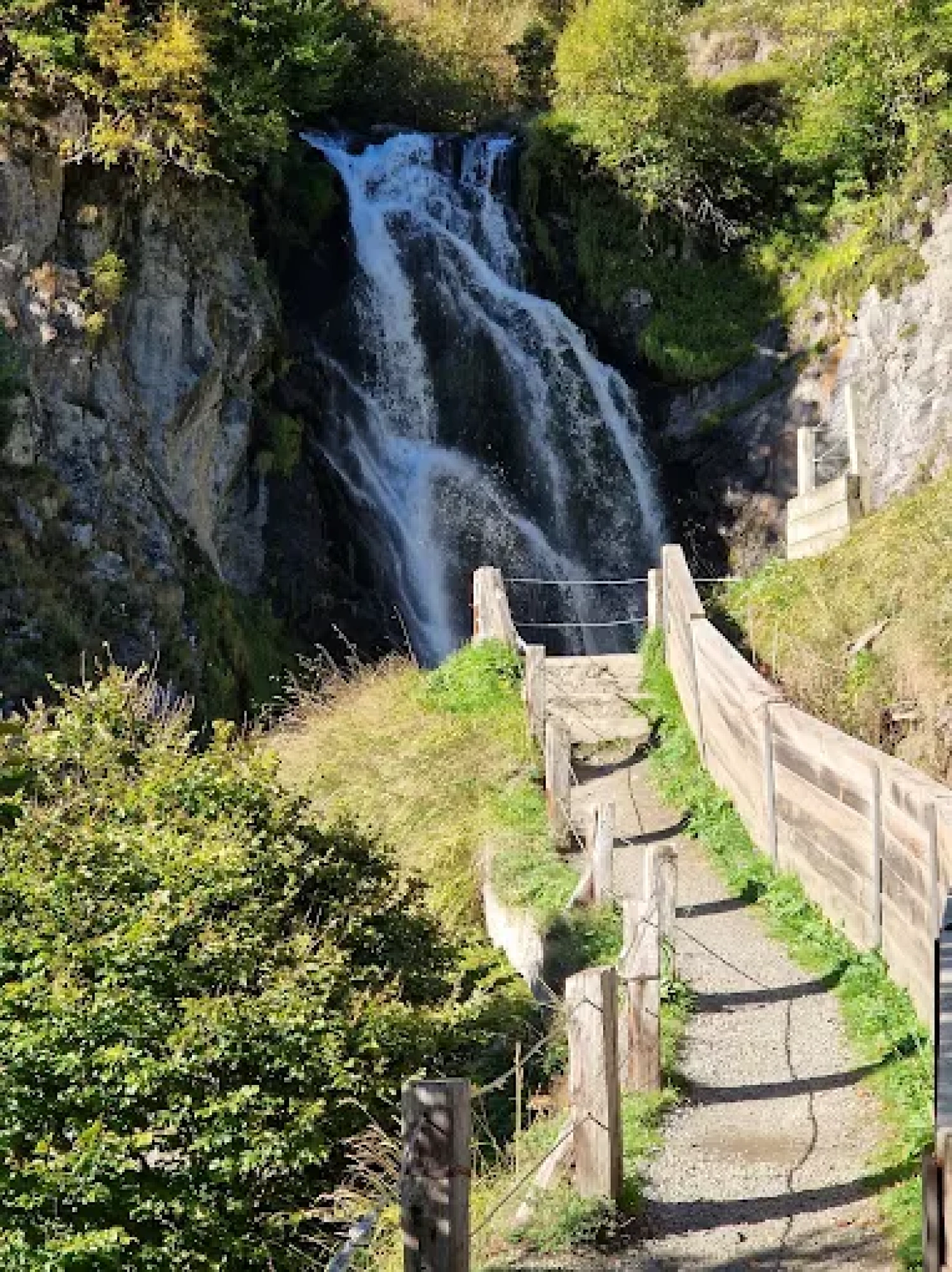 Un sendero de madera y piedra conduce hacia una cascada rodeada de vegetación.