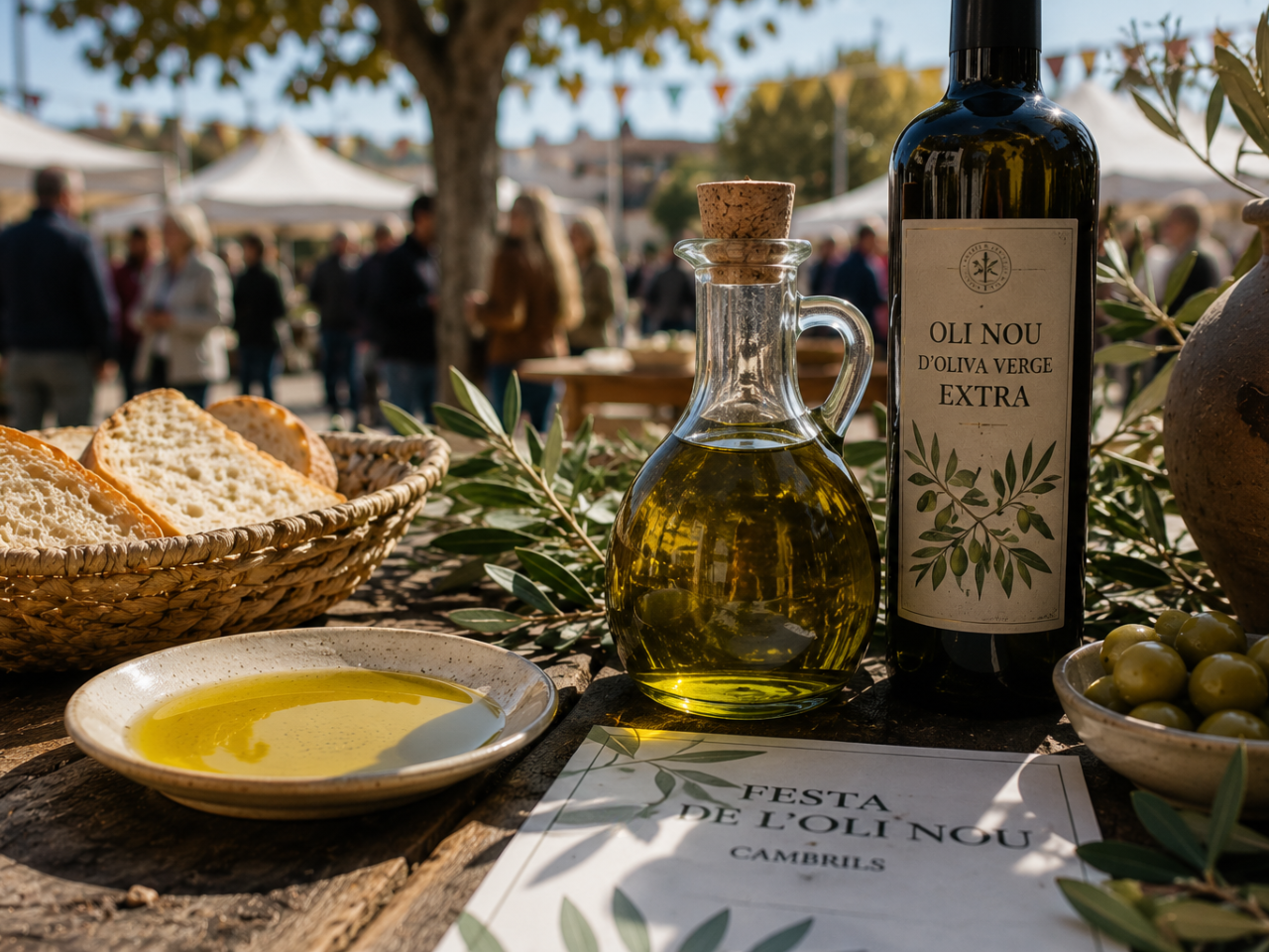 Se ve una mesa al aire libre con una botella de aceite, un plato con salsa y aceitunas.