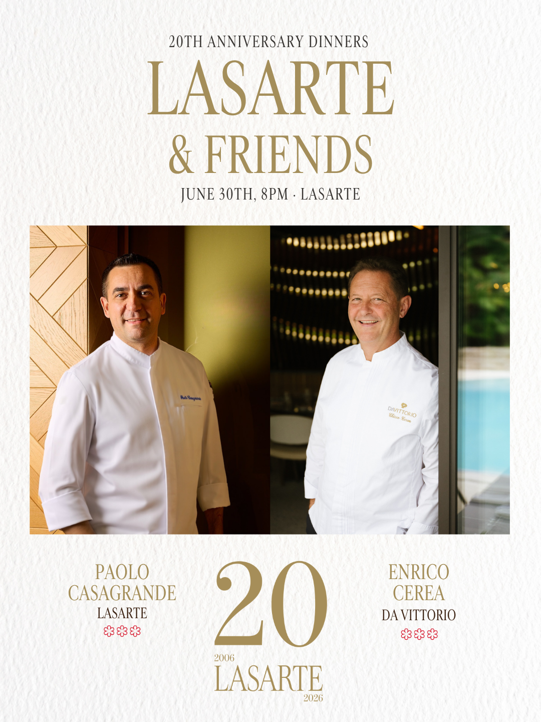 El cartel muestra el texto LASARTE & FRIENDS y las fotos de dos chefs junto a detalles del 20 aniversario.