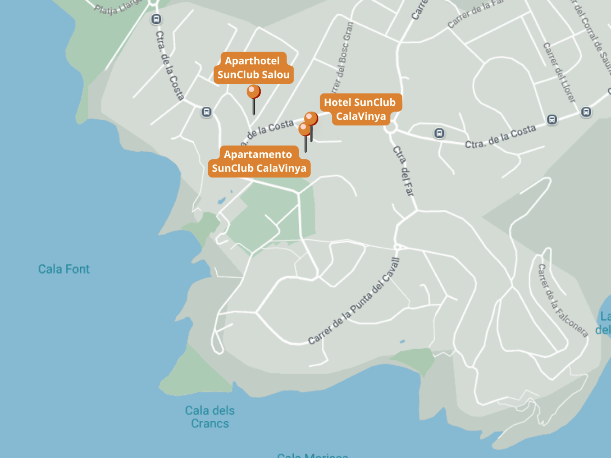 Se muestra un mapa con la costa y varios marcadores de ubicación en la zona de Cala Vinyà.