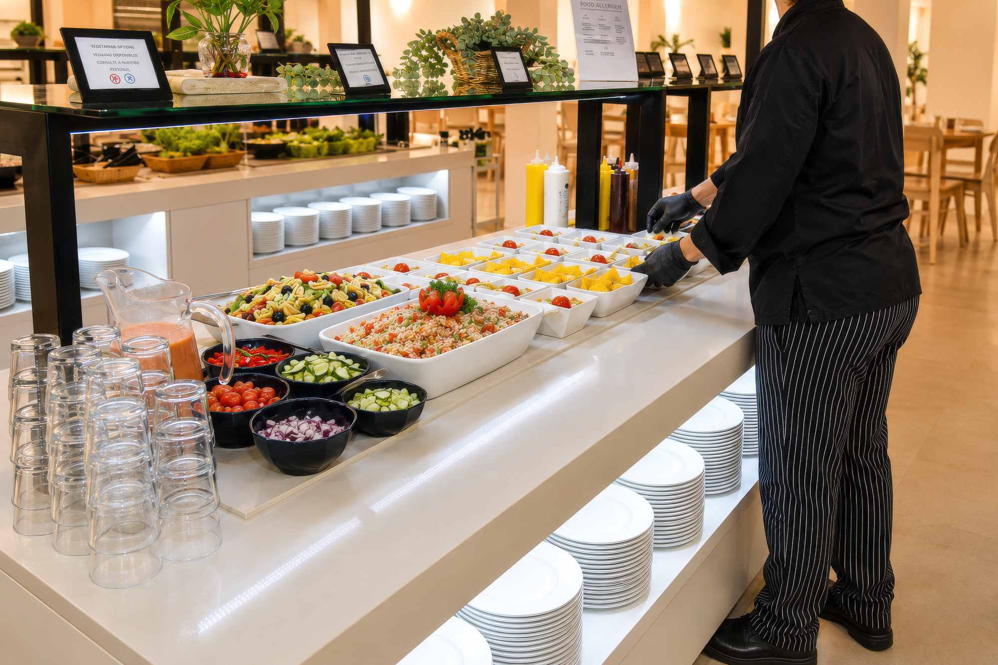 Un camarero sirve junto a una mesa de buffet con platos y recipientes de comida, en un comedor luminoso.