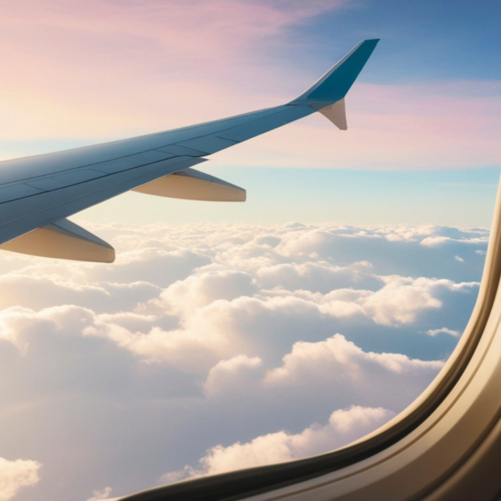 Se ven las alas de un avión y la ventana con nubes bajo un cielo al atardecer.
