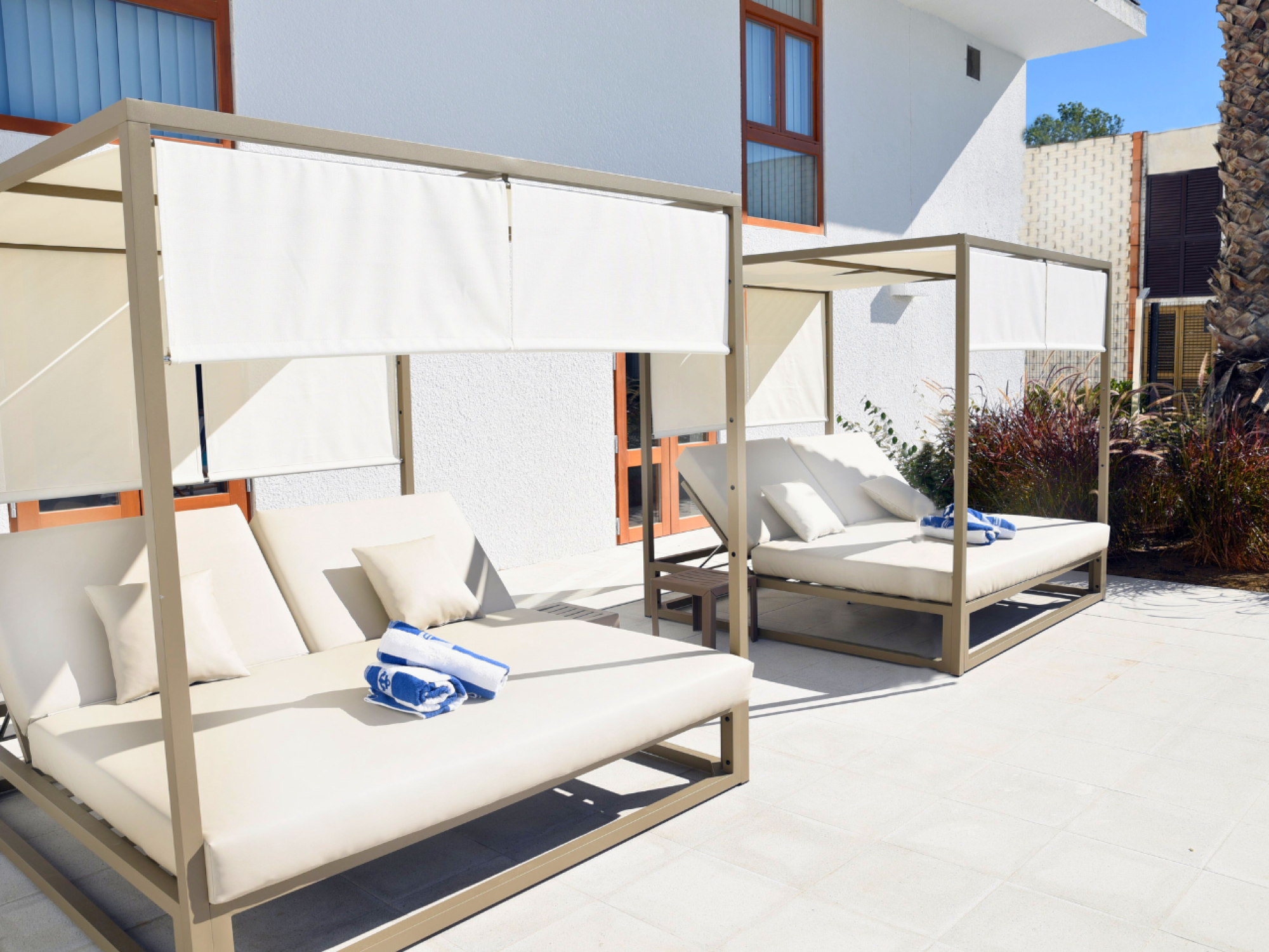 Una vista del solárium en el Hotel Sun Club Cala Vinya, con tumbonas y sombrillas que invitan al descanso bajo el sol, en un entorno relajante y bien equipado.