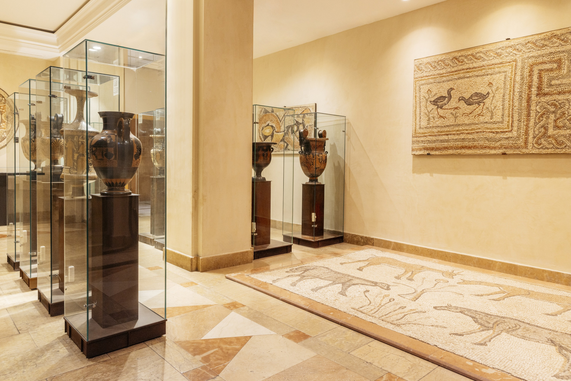Se ve un pasillo interior con vitrinas de museo y suelo de mosaico.