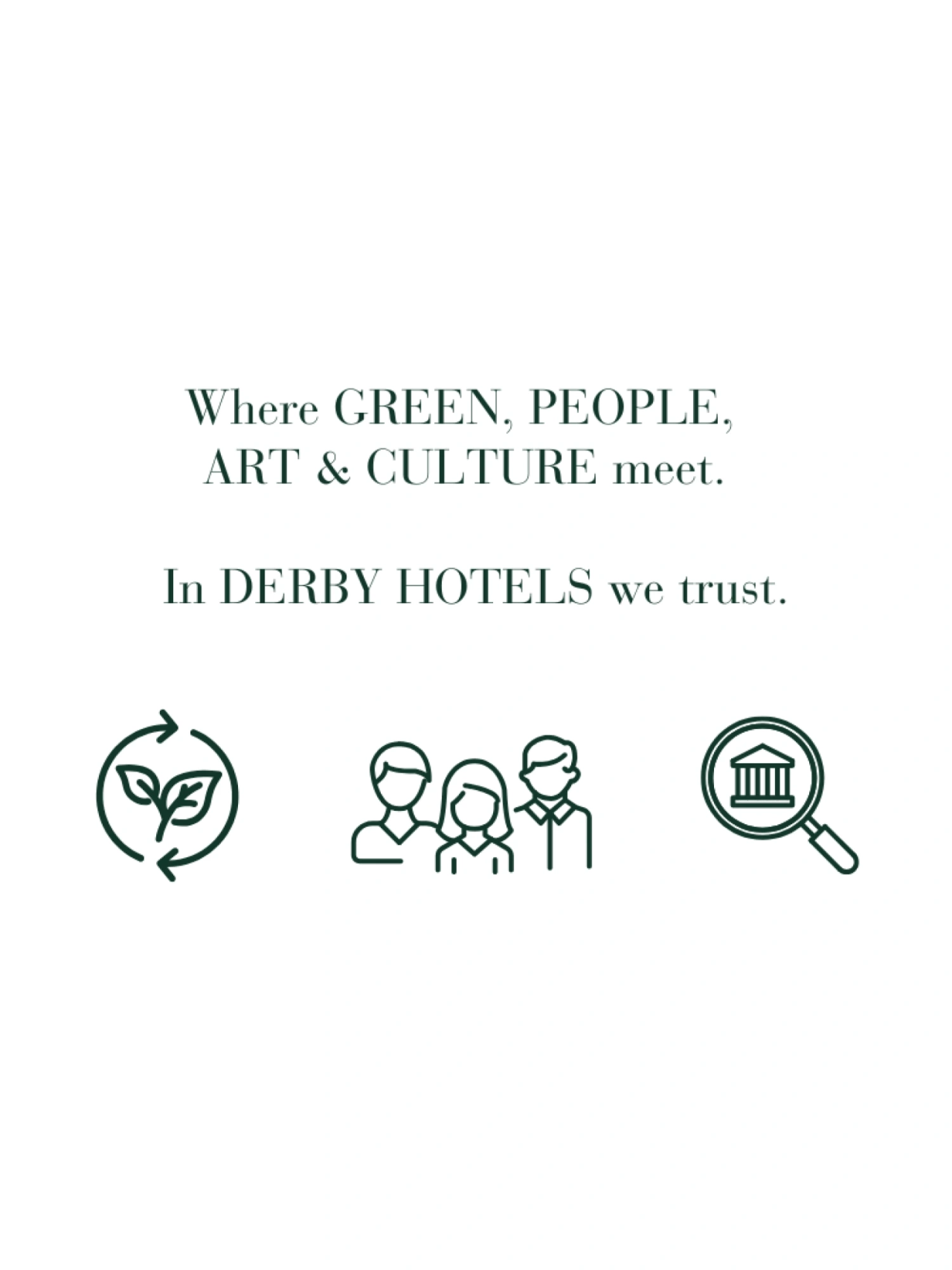 El logotipo muestra el texto “IN DERBY HOTELS WE TRUST” con iconos lineales alrededor.